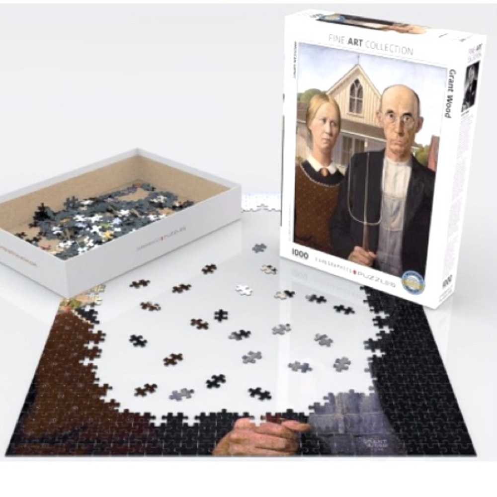 5/$25 American Gothic 1000 pcs puzzle from Chicago Art Museum Farm couple hay